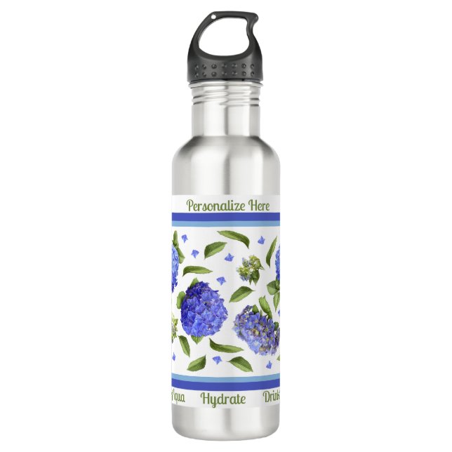Blue Hydrangea Blume Art Personalisiert Edelstahlflasche (Vorderseite)