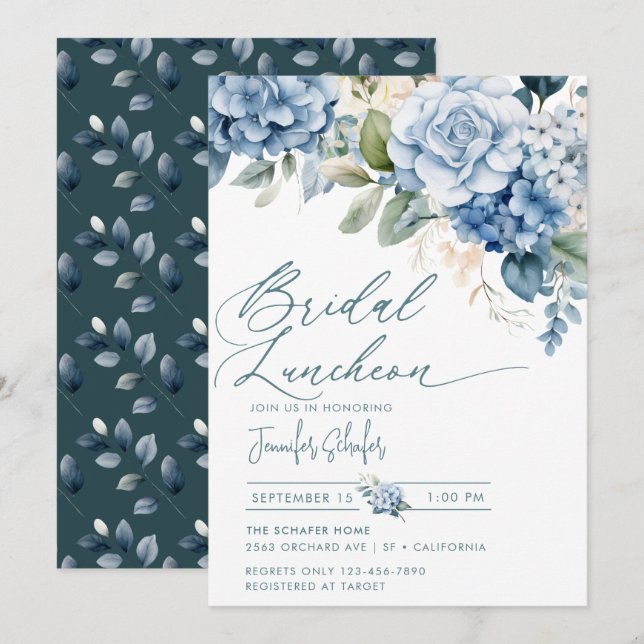 Blue Hydrangea | Blume Blätter Brautparty Einladung (Vorne/Hinten)