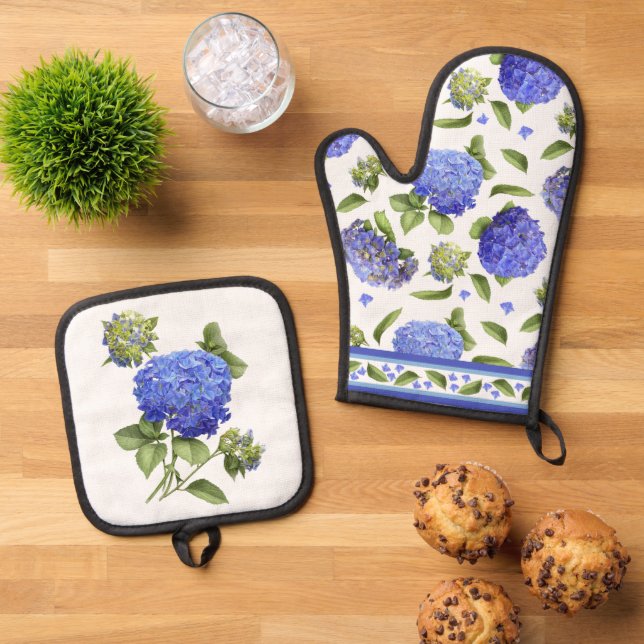 Blue Hydrangea Blume Botanische Kunst Ofenhandschuh & Topflappen-Set (Oben Unten)