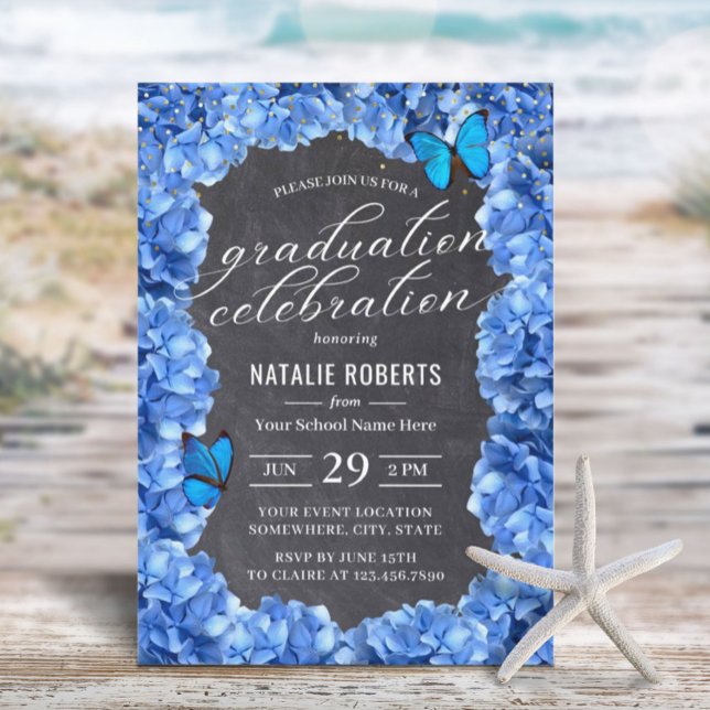 Blue Hydrangea Blume & Butterfly Graduation Party Einladung (Von Creator hochgeladen)