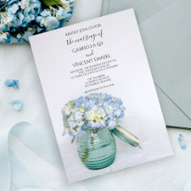 Blue Hydrangea Blume in Glass Jar Vase Wedding