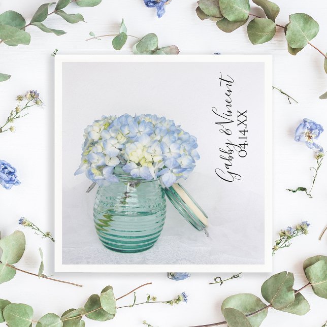 Blue Hydrangea Blume in Jar Vase Wedding Serviette (Von Creator hochgeladen)