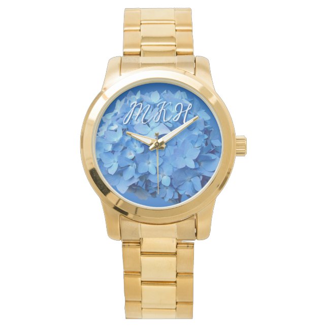 Blue Hydrangea Blume Mit Monogramm Armbanduhr (Vorderseite)