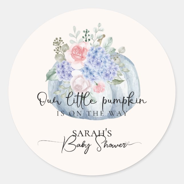 Blue Hydrangea Blume Pumpkin Fall Baby Dusche Runder Aufkleber (Vorderseite)
