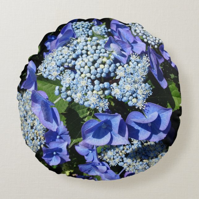 Blue Hydrangea Blume Rundpilz Rundes Kissen (Vorderseite)