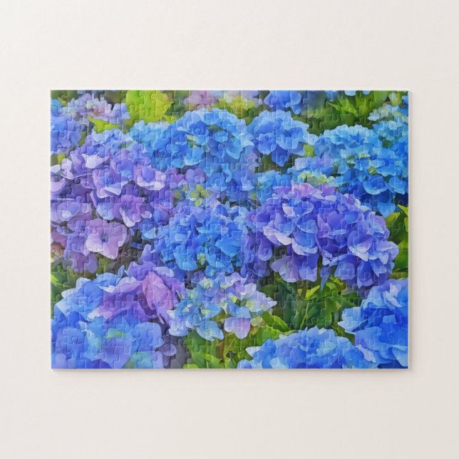 Blue Hydrangea Blume Wasserfarben Art Puzzle (Horizontal)