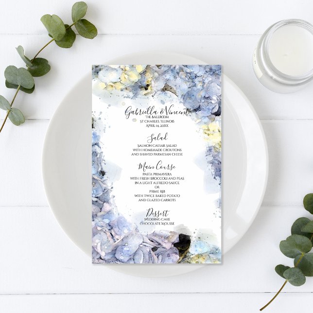 Blue Hydrangea Blume Watercolor Wedding Menu (Von Creator hochgeladen)