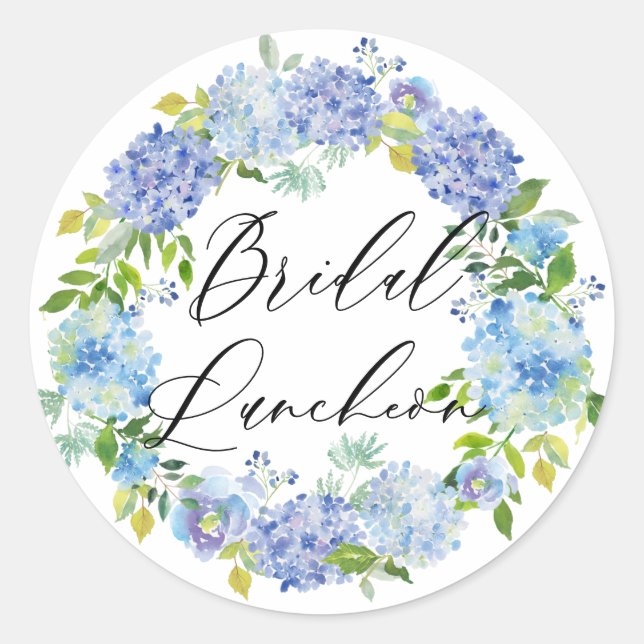 Blue Hydrangea Blume Wreath Bridal Luncheon Runder Aufkleber (Vorderseite)