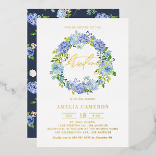 Blue Hydrangea Blume Wreath Christening Folieneinladung