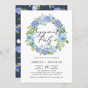 Blue Hydrangea Blume Wreath Engagement Party Einladung