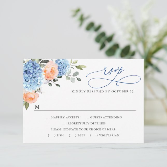 Blue Hydrangea Blush Pink Roses Blume Hochzeit RSVP Karte (Stehend Vorderseite)