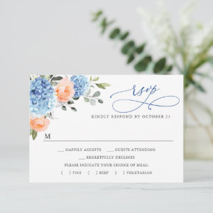 Blue Hydrangea Blush Pink Roses Blume Hochzeit RSVP Karte