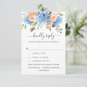 Blue Hydrangea Blush Pink Roses Blume Hochzeit RSVP Karte