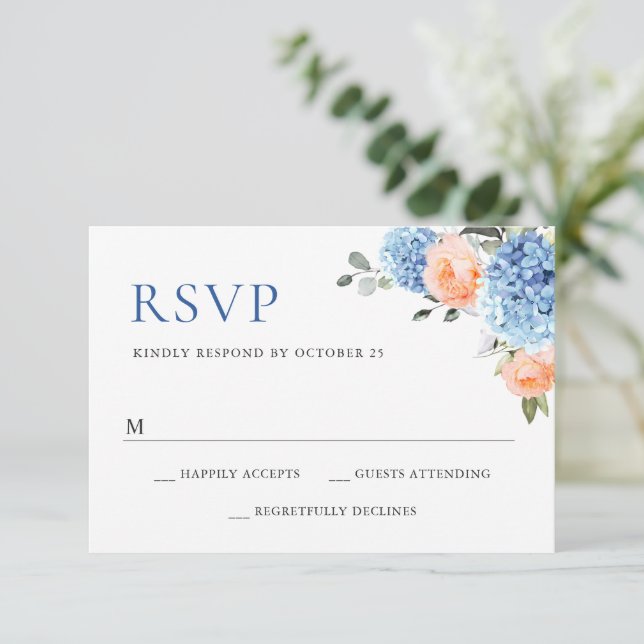 Blue Hydrangea Blush Pink Roses Blume Hochzeit RSVP Karte (Stehend Vorderseite)
