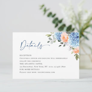 Blue Hydrangea Blush Pink Roses Hochzeitsdetails Begleitkarte
