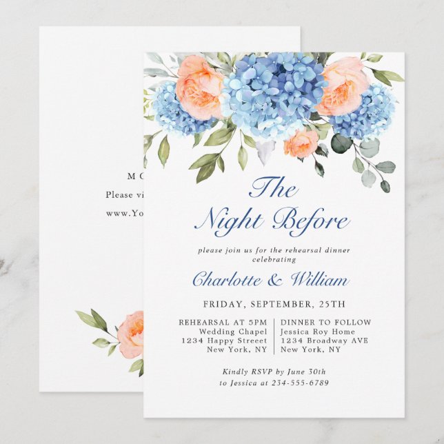 Blue Hydrangea Blush Pink Roses Probe Dinner Einladung (Vorne/Hinten)