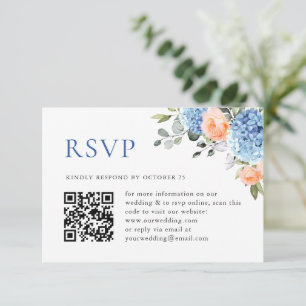 Blue Hydrangea Blush Pink Roses Wedding QR Code RSVP Karte