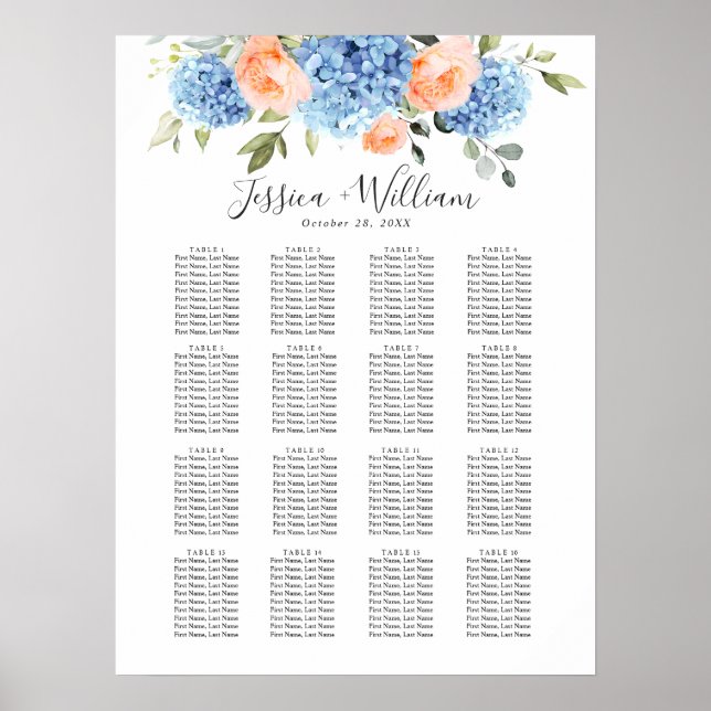 Blue Hydrangea Blush Rose 15 Tables SITZENSTRECKE Poster (Vorne)