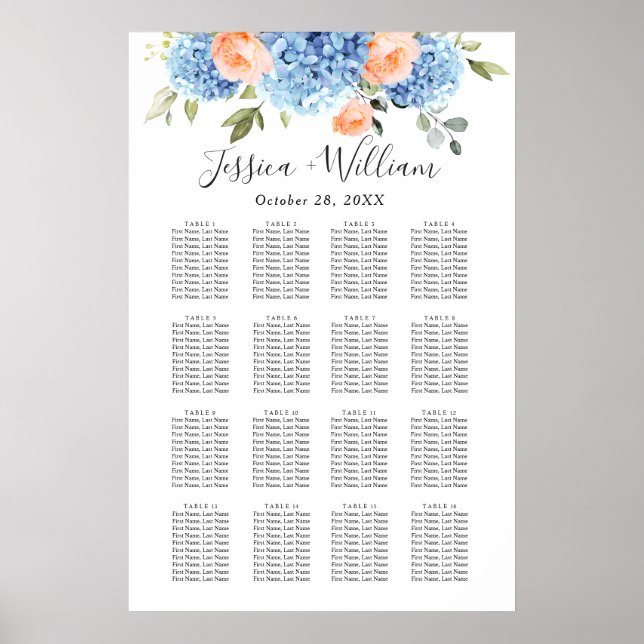 Blue Hydrangea Blush Rose 16 Tables SITZENSTRECKE Poster (Vorne)