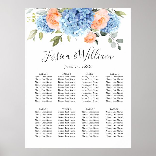 Blue Hydrangea Blush Rose 8 Tische SITZPLATZ Poster (Vorne)