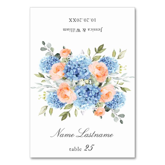 Blue Hydrangea Blush Rose Hochzeitskarte Tischnummer (Vorderseite)