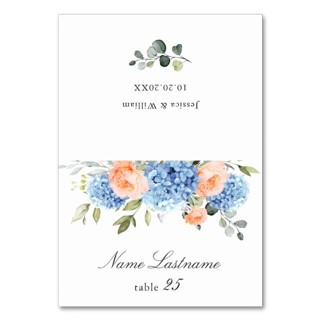 Blue Hydrangea Blush Rose Hochzeitskarte Tischnummer (Vorderseite)