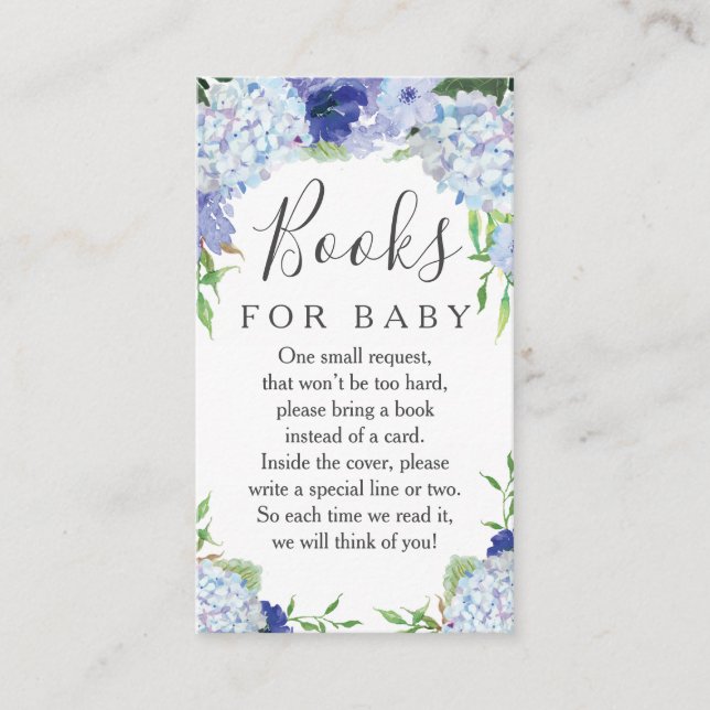 Blue Hydrangea Book Request Baby Showkarte Begleitkarte (Vorderseite)