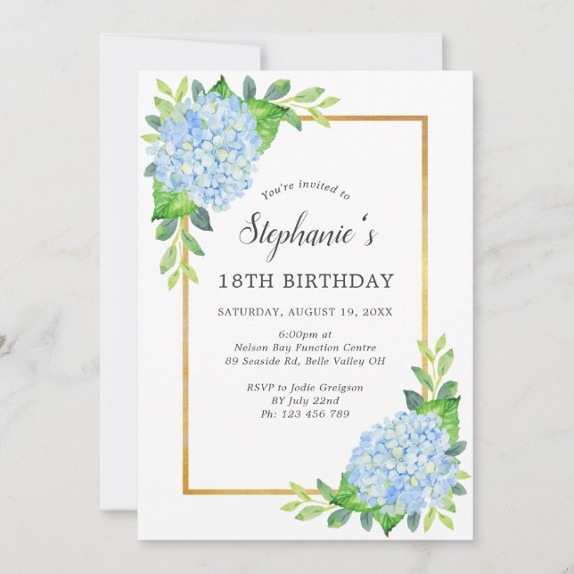 Blue Hydrangea Border Birthday Einladung (Vorderseite)