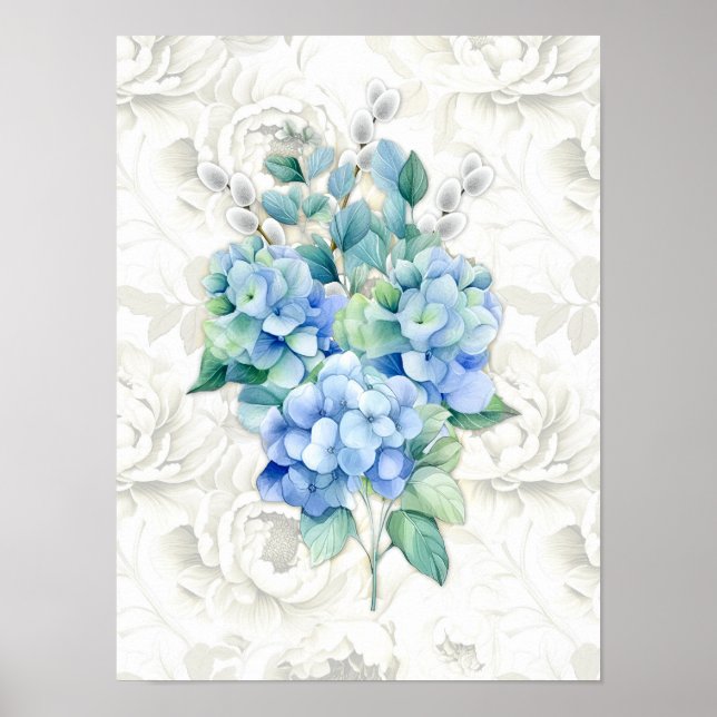 Blue Hydrangea Botanisches Elfenbeinfloralbild Poster (Vorne)