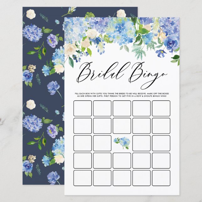 Blue Hydrangea Brautparty Bingo Game Card (Vorne/Hinten)