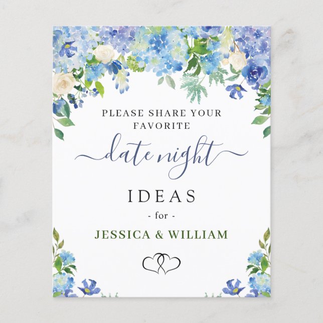 Blue Hydrangea Brautparty Date Night Idea Card (Vorderseite)