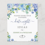 Blue Hydrangea Brautparty Date Night Idea Card<br><div class="desc">Blue Hydrangea Brautparty Date Night Idea Card. Für weitere Anpassungen klicken Sie bitte auf den Link "Weiter anpassen". Wenn Sie Hilfe benötigen,  kontaktieren Sie mich bitte.</div>