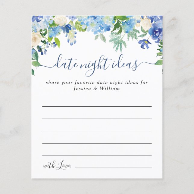 Blue Hydrangea Brautparty Date Night Idea Card Flyer (Vorne)