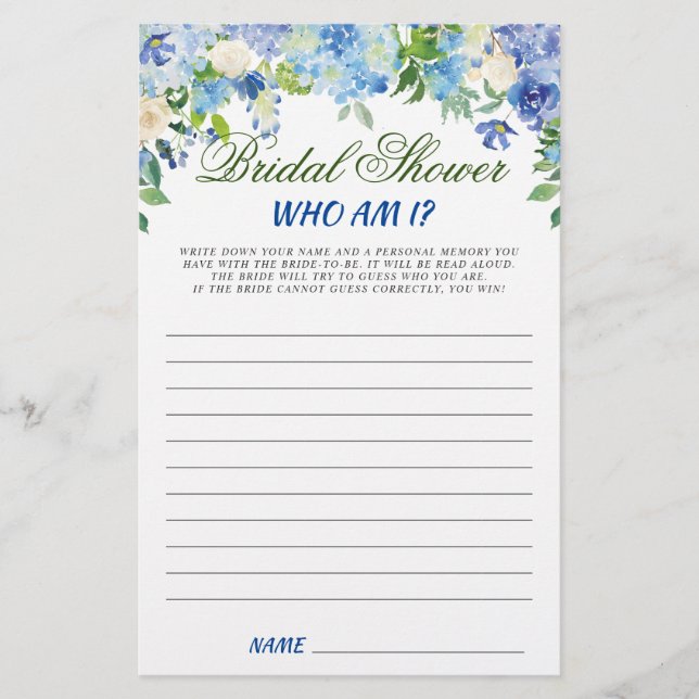 Blue Hydrangea Brautparty Game (Vorderseite)