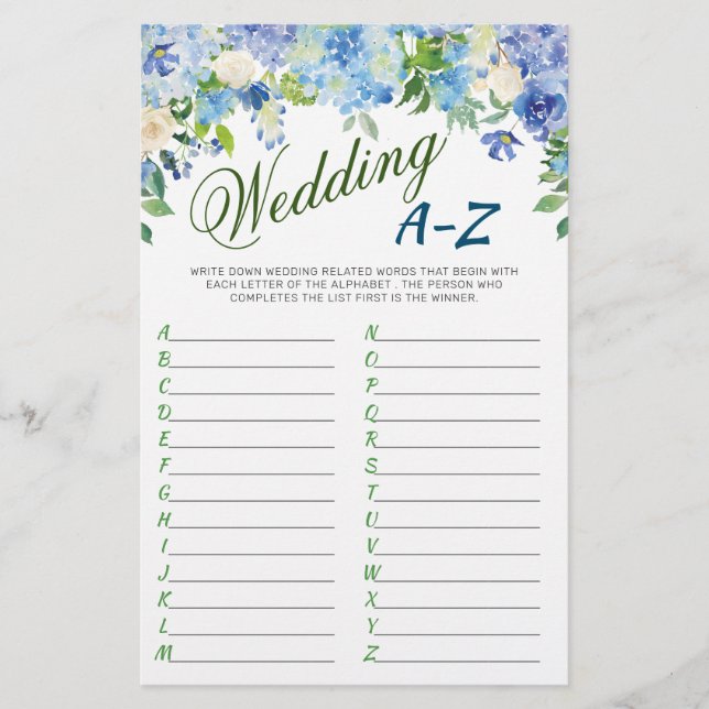 Blue Hydrangea Brautparty Game (Vorderseite)