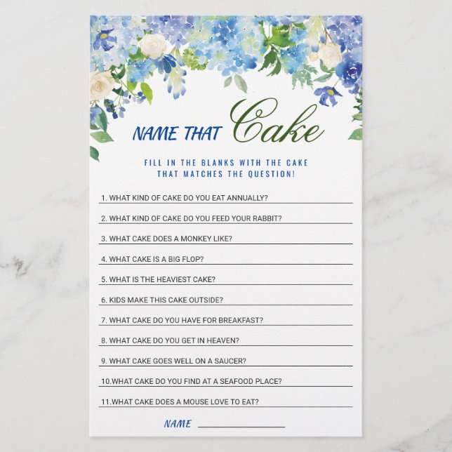 Blue Hydrangea Brautparty Game (Vorderseite)