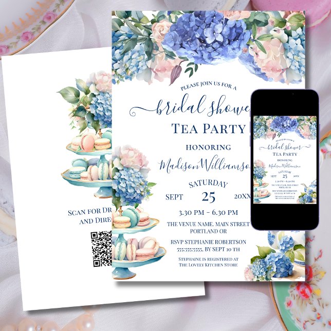 Blue Hydrangea Bridal Shower Tea Party QR code Einladung (Von Creator hochgeladen)