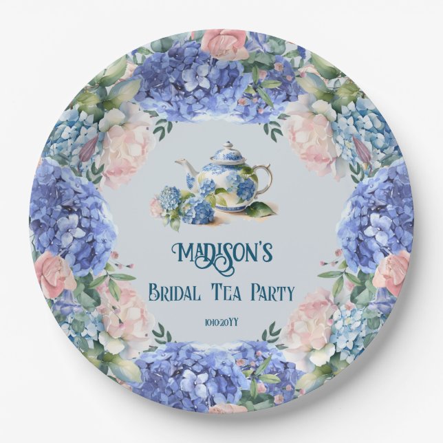 Blue Hydrangea Bridal Tea Party Pappteller (Vorderseite)