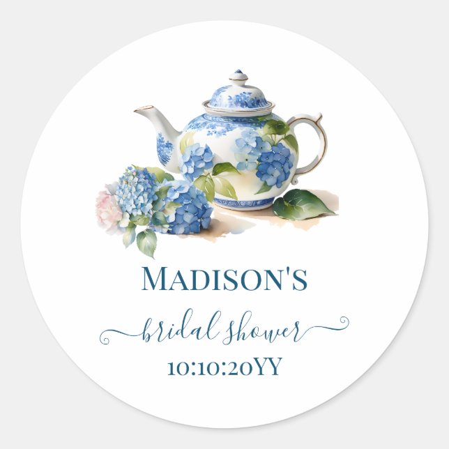 Blue Hydrangea Bridal Tea Party Runder Aufkleber (Vorderseite)