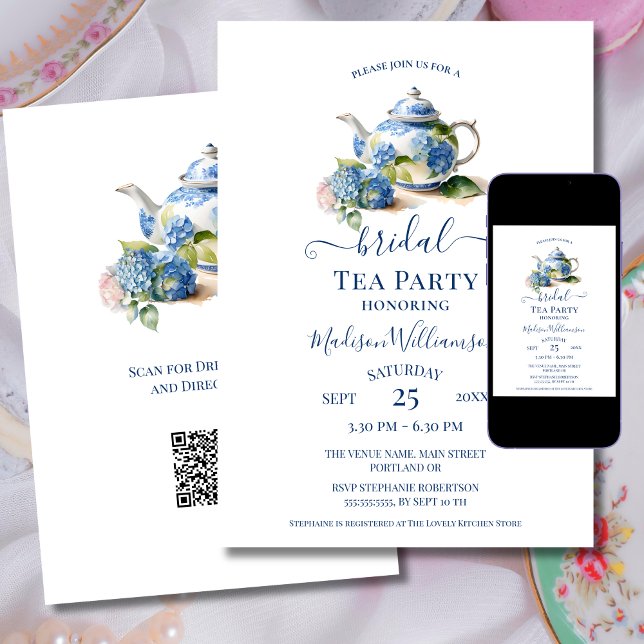 Blue Hydrangea Bridal Tee Party QR Code Einladung (Von Creator hochgeladen)