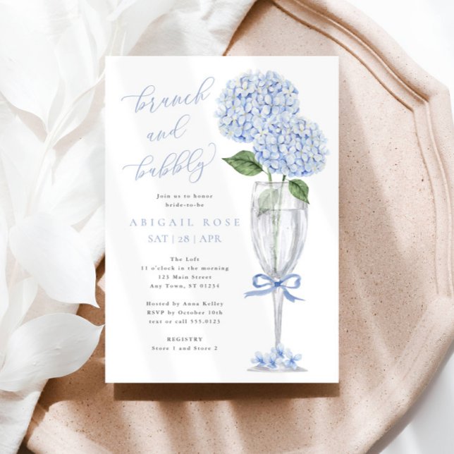 Blue Hydrangea Brunch und Bubbly Silver Champagne Einladung (Von Creator hochgeladen)