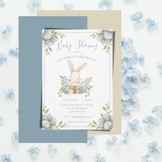 Blue Hydrangea Bunny Rabbit Baby Dusche Einladung (Von Creator hochgeladen)