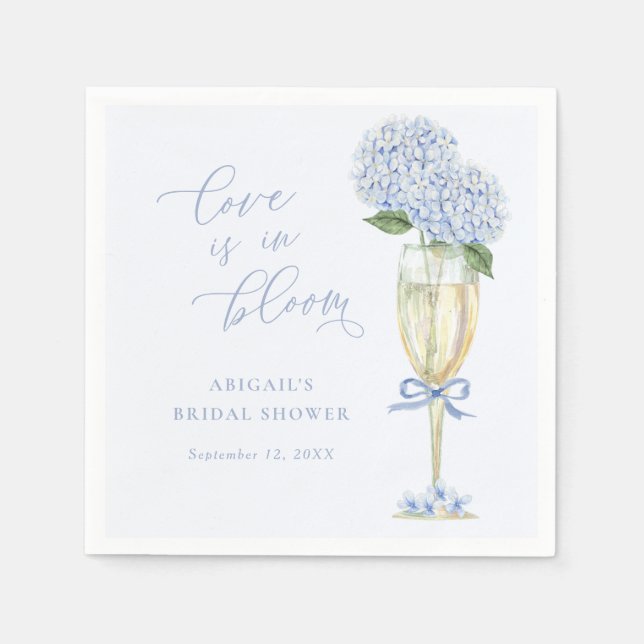 Blue Hydrangea Champagne Glass & Bow Love in Bloom Serviette (Vorderseite)