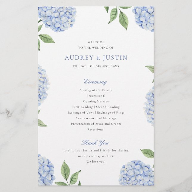 Blue Hydrangea Classic Wedding Paper Program Flyer (Vorne)