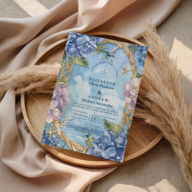 Blue Hydrangea Coastal Rope Wedding Einladung (Von Creator hochgeladen)