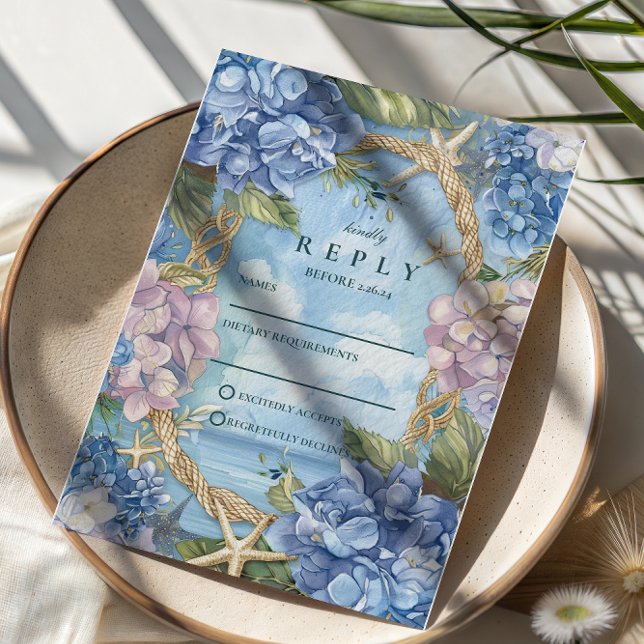 Blue Hydrangea Coastal Rope Wedding RSVP Karte (Von Creator hochgeladen)