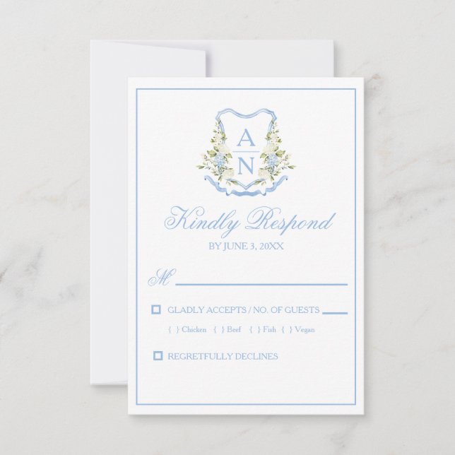 Blue Hydrangea Crest Monogram RSVP Cards Karte (Vorderseite)