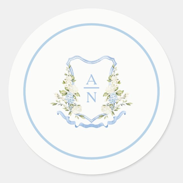 Blue Hydrangea Crest Monogram Stickers Simple (Vorderseite)