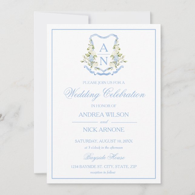 Blue Hydrangea Crest Monogram Wedding Invitation Einladung (Vorderseite)