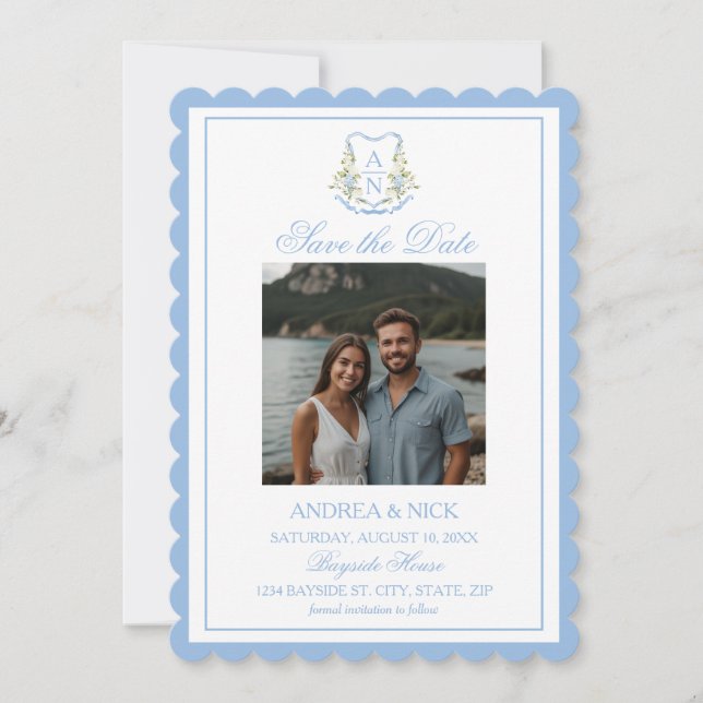 Blue Hydrangea Crest Monogram Wedding Invitation Save The Date (Vorderseite)